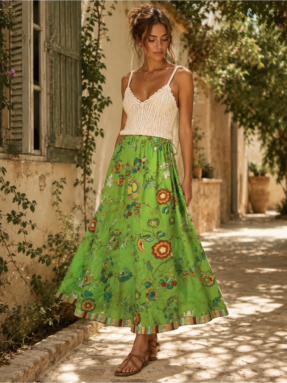 René Derhy Green Floral Cotton Maxi Skirt Boho Festival Cottagecore M AS IS
